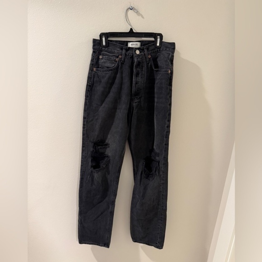 Agolde Women's 24 LA Distressed Ripped Black Wash High Rise Straight Leg Jeans